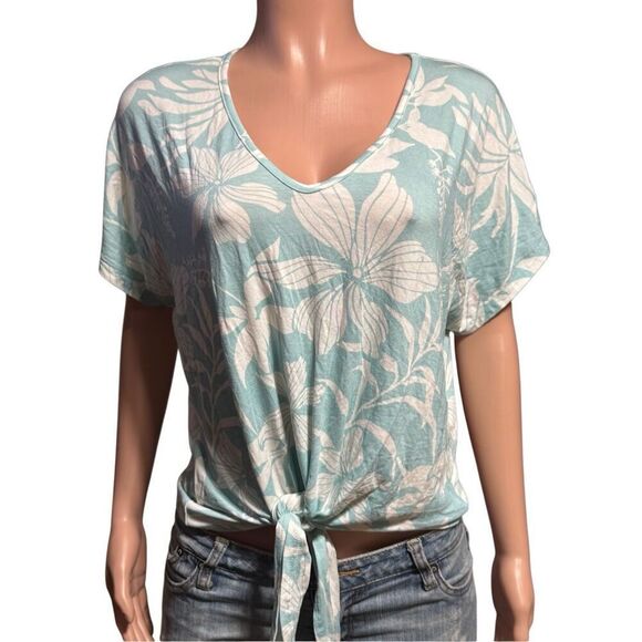 Acting pro women's v-neck floral short sleeve tie front top L - Picture 1 of 5